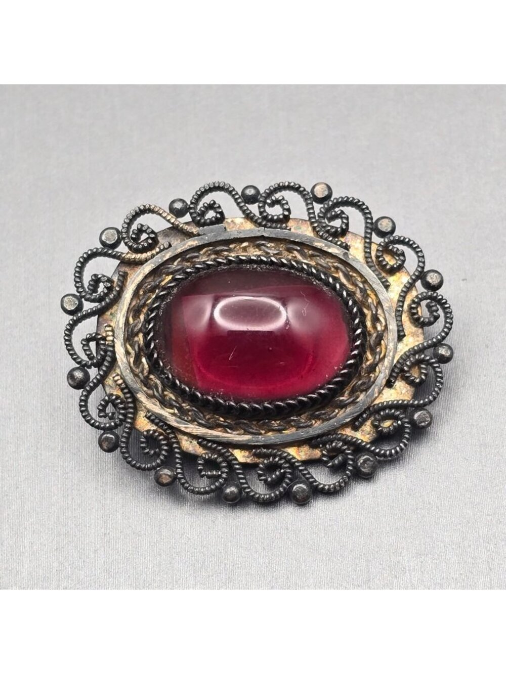 Antique Sterling Silver Purple Glass Brooch Convertible Pendant Rope Scrollwork